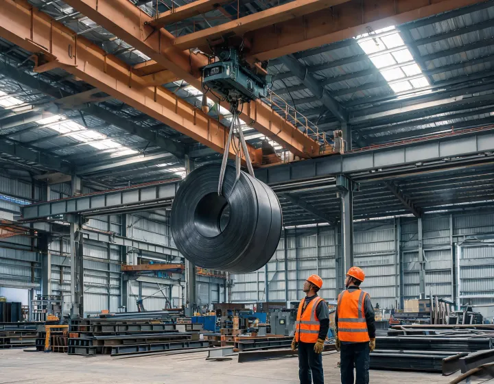 Double girder overhead crane lifting steel coil in fabrication bay